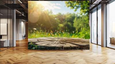 arm wood nature field fruit table product grass garden background stand green food. Nature wood landscape morning farm outdoor sky podium forest stump beauty sun scene platform view beautiful trunk  Wall mural