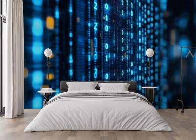 Blue digital binary data on computer screen background Wall mural