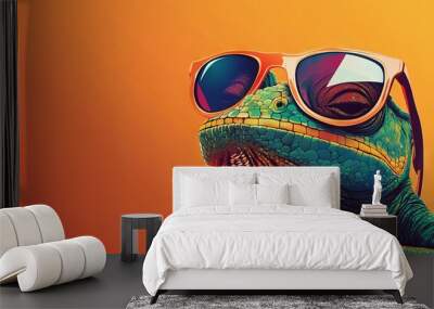 chameleon wearing sunglasses on a solid color background, vector art, digital art, faceted, minimal, abstract, panorama background Wall mural