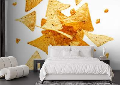 Close up of Flying delicious Mexican nachos chips on an isolated white background Wall mural