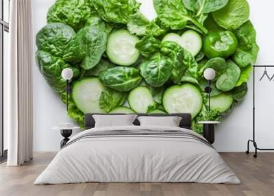 Close up of Heart shape green vegetables, Green healthy vegetables in the shape of a heart on an isolated white background Wall mural