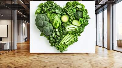 Close up of Heart shape green vegetables, Green healthy vegetables in the shape of a heart on an isolated white background Wall mural