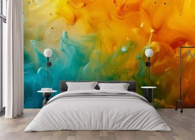 Color liquid ink splash abstract background rainbow art. Rainbow splash collage mix flow drip. Fluid wave color yellow, red, green, blue. Liquid ink palette motion Wall mural