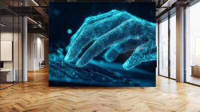 Digital 3d human hands typing on computer or laptop keyboard. Office work, workplace or business concept. With dark blue background. Low poly wireframe with lines, dots and glowing particles Wall mural