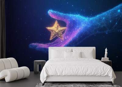 Digital hand giving five star rating. Futuristic Feedback concept. A person hand is holding a golden bright star. 3d polygonal vector illustration in blue purple colors. Low poly wireframe. Low poly w Wall mural