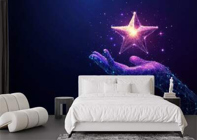 Digital hand giving five star rating. Futuristic Feedback concept. A person hand is holding a golden bright star. 3d polygonal vector illustration in blue purple colors. Low poly wireframe. Low poly w Wall mural