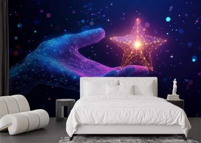 Digital hand giving five star rating. Futuristic Feedback concept. A person hand is holding a golden bright star. 3d polygonal vector illustration in blue purple colors. Low poly wireframe. Low poly w Wall mural