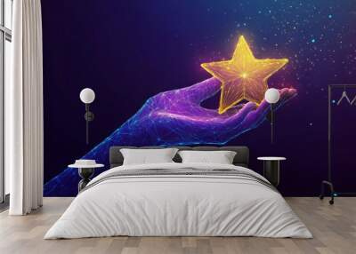 Digital hand giving five star rating. Futuristic Feedback concept. A person hand is holding a golden bright star. 3d polygonal vector illustration in blue purple colors. Low poly wireframe. Low poly w Wall mural