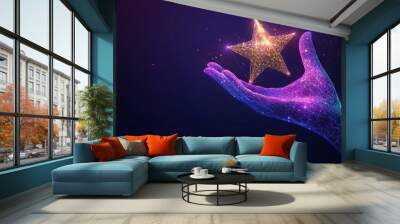 Digital hand giving five star rating. Futuristic Feedback concept. A person hand is holding a golden bright star. 3d polygonal vector illustration in blue purple colors. Low poly wireframe. Low poly w Wall mural