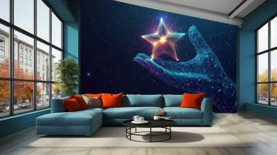 Digital hand giving five star rating. Futuristic Feedback concept. A person hand is holding a golden bright star. 3d polygonal vector illustration in blue purple colors. Low poly wireframe. Low poly w Wall mural