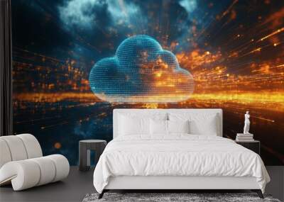 Digital informational technology web futuristic hologram with cloud icon, blue golden light digits and code background, cloud computing. Abstract Motion of digital data flow.  Wall mural