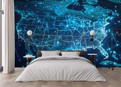 Digital map of USA, concept of North America global network and connectivity, data transfer and cyber technology, information exchange and telecommunication. Digital map for business. Wall mural