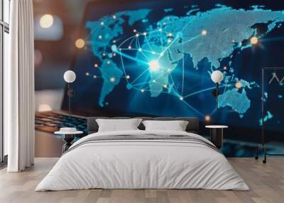 Digital map on the laptop screen. The focus is on highlighting details like data points glowing from different parts of world map, representing global network or connectivity concept. Wall mural