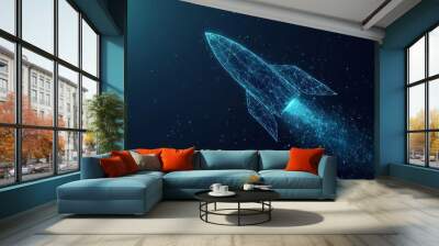 Digital rocket flies in orbit of planet Earth. Abstract light blue technological background. Spaceship in outer cosmos. Low poly wireframe vector illustration with 3D effect. Polygonal science art. Wall mural