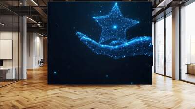 Digital star in abstract hand. Success concept. Low poly wireframe vector illustration with 3D effect in futuristic hologram blue style on technology background. Monochrome light vector illustration.  Wall mural