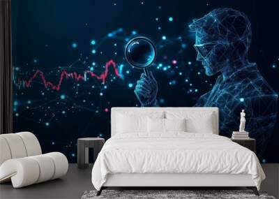 Digital stock market analysis concept. An abstract man holds a magnifying glass in his hand and analyzes the graph chart on technological dark blue background. Low poly wireframe vector illustration  Wall mural