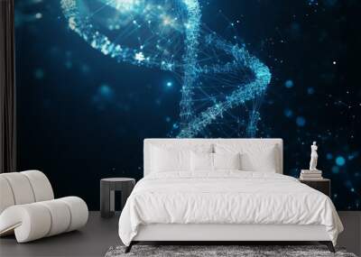 DNA with polygon line with dark blue background. Science background. Low poly wireframe with lines, dots and glowing particles Wall mural