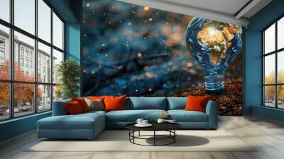 Earth hour, ecology and environment concept. Blue planet Earth in space in a glowing light bulb on represents Earth Day in a romantic way. Wall mural