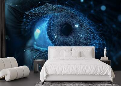 Eye low poly wireframe. With dark blue background. Low poly wireframe with lines, dots and glowing particles  Wall mural