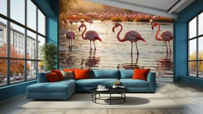 flamingos calmly walking with their feet partially submerged in lake, soft and magical lighting of a fresh morning, amazing sun Wall mural