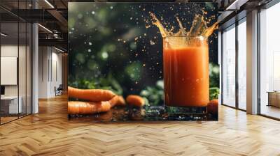 Food photography background - Healthy carrot juice in glass with splashes and carrots vegetables on dark table Wall mural