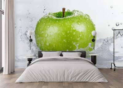 Fresh green apple and splash of water isolated on white background Wall mural