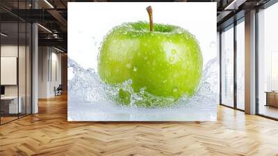 Fresh green apple and splash of water isolated on white background Wall mural