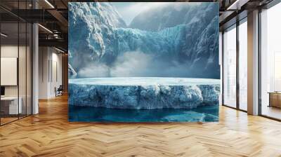 Ice background podium cold winter snow product platform floor frozen mountain iceberg. Podium glacier cool ice background stage landscape display icy stand 3d water nature pedestal arctic concept cave Wall mural