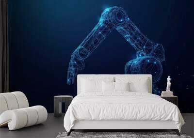 Isolated robotic arm in drak blue background. Industrial technology concept. Abstract polygonal wireframe with lines and dots. Vector sketch drawing. 3d illustration. Wall mural