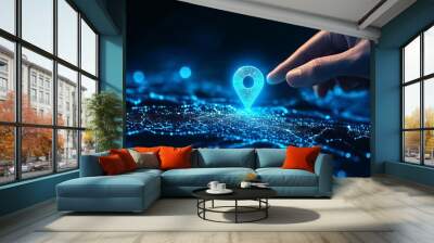 Light blue GPS pin and human hand. Digital finger touching on abstract location pin mark on technology background. Low poly wireframe vector illustration in futuristic technology hologram style. Wall mural