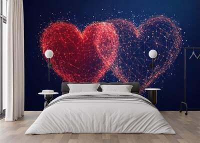 Love hearts. Abstract digital two red heart. Happy Valentine's day poster. Technology illustration or love concept. Polygonal mesh with dots, lines, shapes and flying particles.  Wall mural