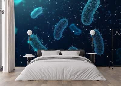 Microbiology low poly wireframe banner vector template. Futuristic science, biological research poster polygonal design with bacteria illustration. Microscopic germs 3d mesh art with connected dots.  Wall mural