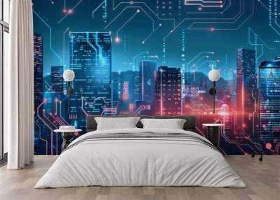 Modern futuristic digital circuit city building background.  Wall mural