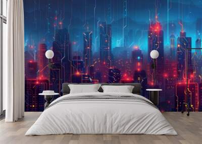 Modern futuristic digital circuit city building background.  Wall mural