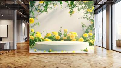 Podium background flower rose product yellow 3d spring table beauty stand display nature white. Garden rose floral summer background podium cosmetic valentine easter field scene gift yellow day romant Wall mural