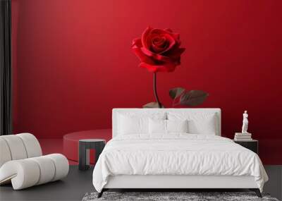 Podium for product presentation, red rose around. Red rose day concept. Background for business Wall mural