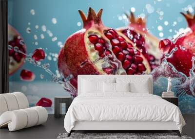 Pomegranate fruit and water splash. captured with highspeed photography as they break through the waters surface. Wall mural