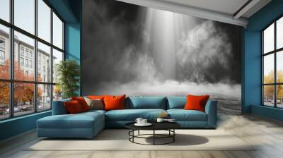 Smoke black ground fog cloud floor mist background steam dust dark white horror overlay. Ground smoke haze night black water atmosphere 3d magic spooky smog texture isolated transparent effect circle Wall mural