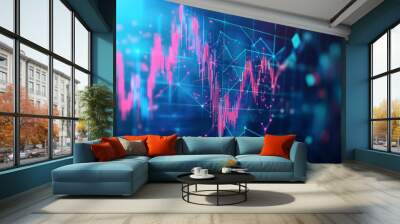 Stock market or trading graph chart on technology blue background. Forex Japanese candlesticks as holograms. Finance and trade concept. Exchange metaphor. Low poly abstract vector illustration.  Wall mural