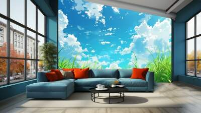 Sunny day weather on beautiful blue sky and green grass. Japanese illustration style. Wall mural