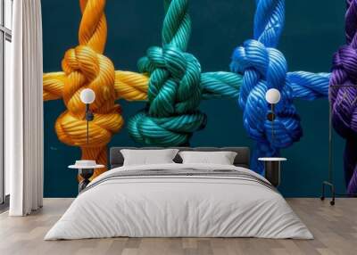 Team rope diverse strength connect partnership together teamwork unity communicate support. Strong diverse network rope team concept integrate braid color background cooperation empower power.	 Wall mural