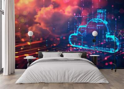 Technology networking and digital communication in business with cloud computing concept web storage for data global social media ai server online binary illustration background modern futuristic Wall mural