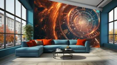 Time travel Technology Background with Clock concept and Time Machine, Can rotate clock hands. Jump into the time portal in hours. Traveling in space and time. Time travel fantasy scifi cinematic film Wall mural