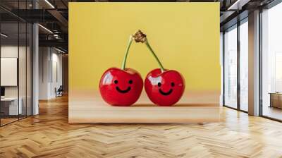 Two couple cherry with smiley faces on a desk. International Friendship Day Concept. Wall mural