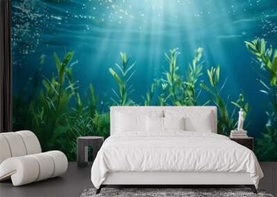 Underwater plants absorbing carbon dioxide in blue carbon ecosystem for sequestration. Concept Blue Carbon Ecosystem, Underwater Plants, Carbon Sequestration, Environmental Conservation Wall mural