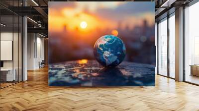 World Environment Day concept with a blue earth globe on a city background at sunset. International Project Management Day concept. Global business collaboration. International business. Globalization Wall mural