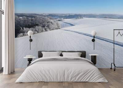 Aerial view of farm fields with snow in winter  Wall mural