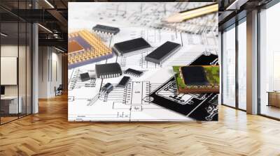 Electronic board, pen, processor and radio components on background of  schematic circuit diagram and a photomask for manufacture of printed circuit boards. Concept for design of electronic devices. Wall mural