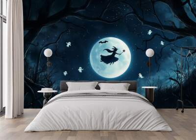 Stylised illustration of a Halloween night sky with a witch flying in front of a full moon, with cute ghosts flying around dead branches framing the view Wall mural