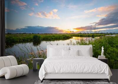 The sun sets over the Dutch polder landscape near Gouda, Holland Wall mural